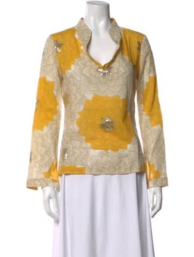 Pre-owned Tory Burch Floral Print Long Sleeve Blouse In Neutrals/yellow