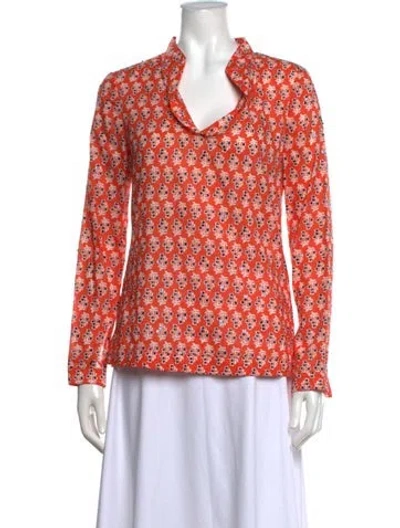 Pre-owned Tory Burch Floral Print Long Sleeve Blouse In Orange