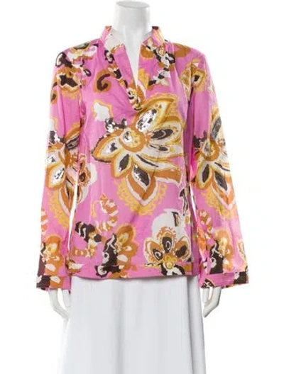 Pre-owned Tory Burch Floral Print Long Sleeve Blouse In Pink