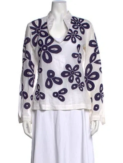 Pre-owned Tory Burch Floral Print Long Sleeve Blouse In White