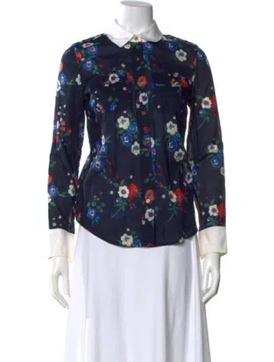 Pre-owned Tory Burch Floral Print Long Sleeve Button-up Top In Blue