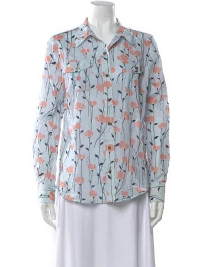 Pre-owned Tory Burch Floral Print Long Sleeve Button-up Top In Blue