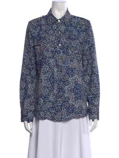 Pre-owned Tory Burch Floral Print Long Sleeve Button-up Top In Blue