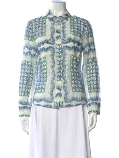 Pre-owned Tory Burch Floral Print Long Sleeve Button-up Top In Blue