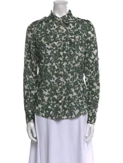 Pre-owned Tory Burch Floral Print Long Sleeve Button-up Top In Green