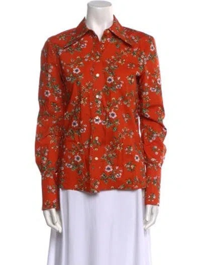 Pre-owned Tory Burch Floral Print Long Sleeve Button-up Top In Orange
