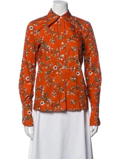 Pre-owned Tory Burch Floral Print Long Sleeve Button-up Top In Orange