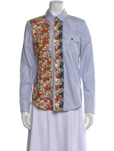 Pre-owned Tory Burch Floral Print Long Sleeve Button-up Top W/ Tags In Blue