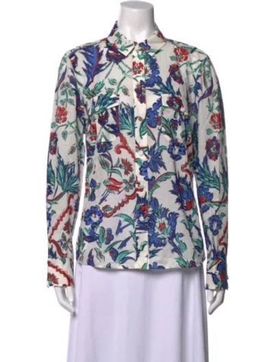 Pre-owned Tory Burch Floral Print Long Sleeve Button-up Top W/ Tags In Blue