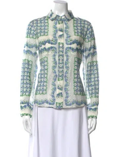 Pre-owned Tory Burch Floral Print Long Sleeve Button-up Top W/ Tags In White