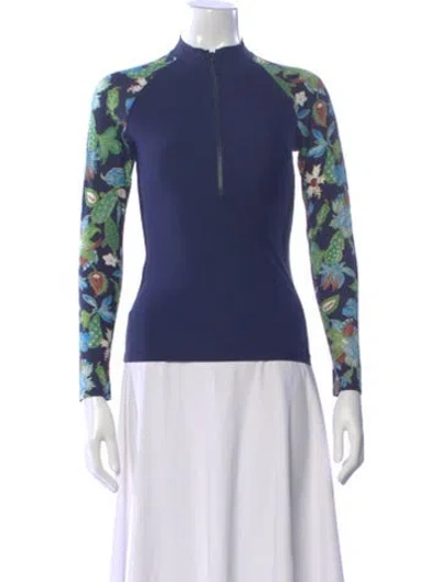 Pre-owned Tory Burch Floral Print Long Sleeve Top In Blue