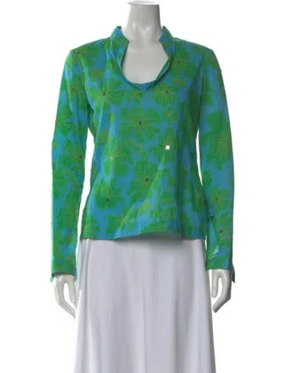 Pre-owned Tory Burch Floral Print Long Sleeve Top In Green