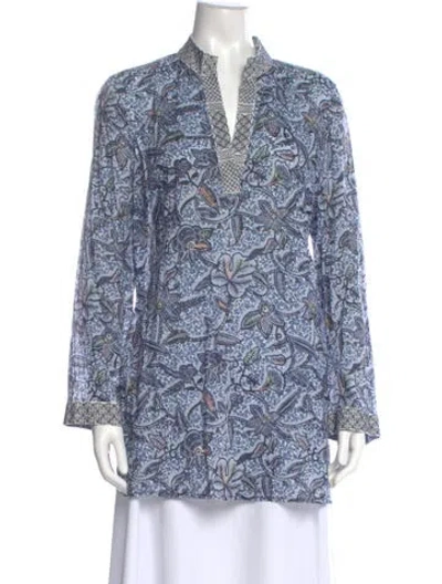 Pre-owned Tory Burch Floral Print Long Sleeve Tunic In Blue