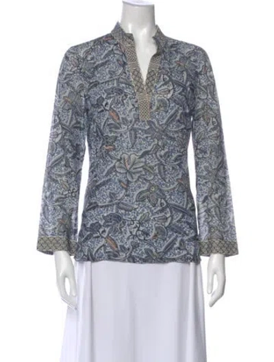 Pre-owned Tory Burch Floral Print Long Sleeve Tunic In Blue