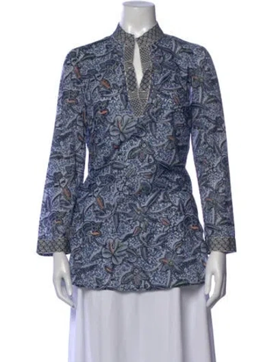 Pre-owned Tory Burch Floral Print Long Sleeve Tunic In Blue
