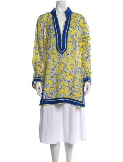 Pre-owned Tory Burch Floral Print Long Sleeve Tunic W/ Tags In Blue/yellow
