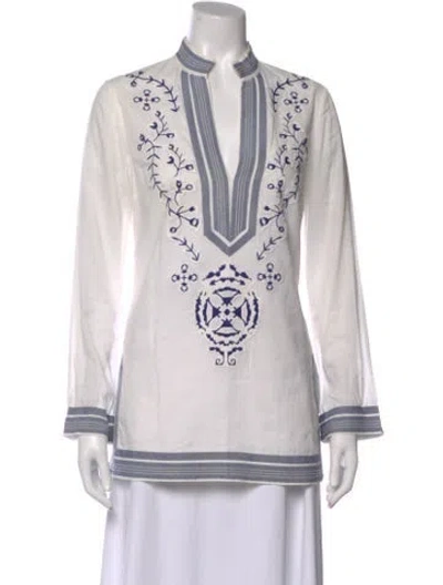 Pre-owned Tory Burch Floral Print Long Sleeve Tunic In White