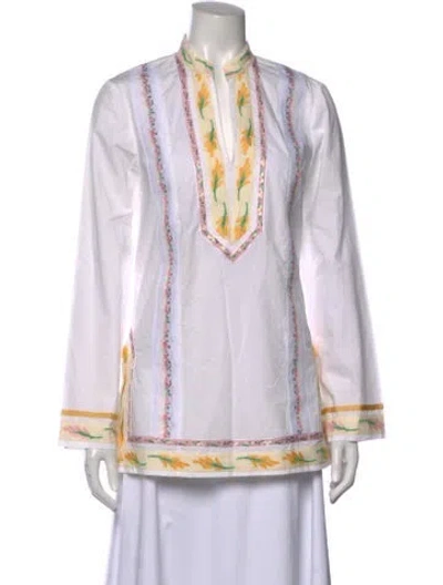 Pre-owned Tory Burch Floral Print Long Sleeve Tunic In White