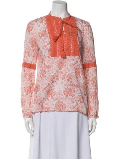 Pre-owned Tory Burch Floral Print Mock Neck Blouse In Orange