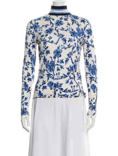 Pre-owned Tory Burch Floral Print Mock Neck Top In White