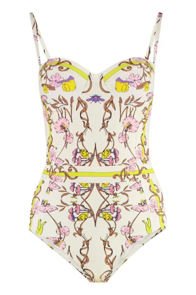 Tory Burch Floral Print One-piece Swimsuit For Women In Panna