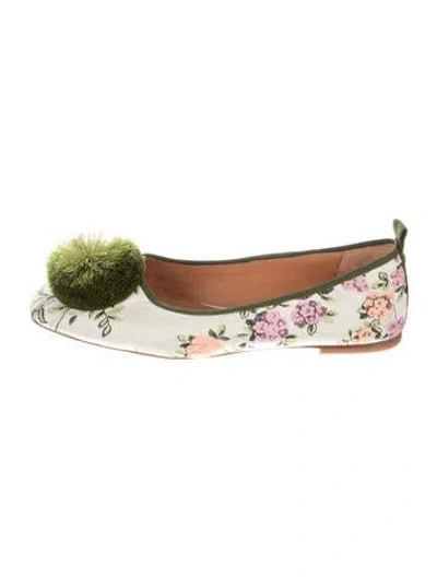 Pre-owned Tory Burch Floral Print Pom-pom Embellishments Ballet Flats In White