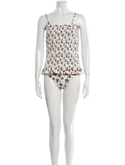 Pre-owned Tory Burch Floral Print Ruffle Embellishment One-piece W/ Tags In Neutral