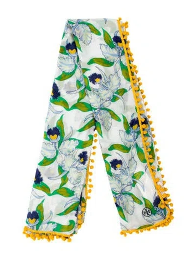 Pre-owned Tory Burch Floral Print Scarf In White
