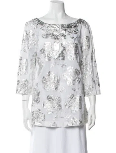Pre-owned Tory Burch Floral Print Scoop Neck Blouse In Silver
