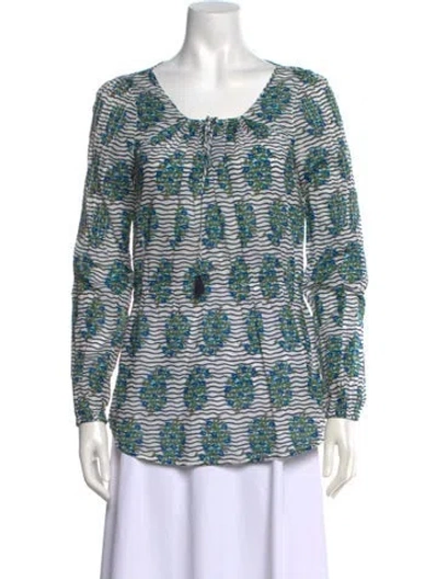 Pre-owned Tory Burch Floral Print Scoop Neck Blouse In White