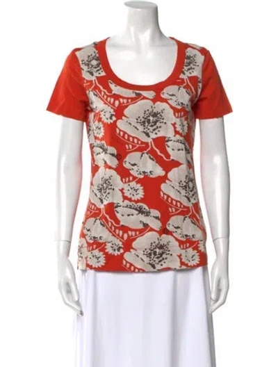Pre-owned Tory Burch Floral Print Scoop Neck T-shirt In Orange