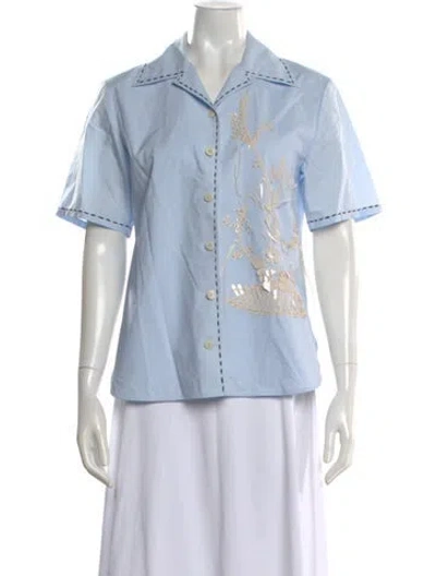 Pre-owned Tory Burch Floral Print Short Sleeve Button-up Top In Blue
