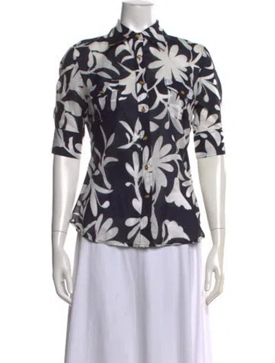 Pre-owned Tory Burch Floral Print Short Sleeve Button-up Top In Blue/white