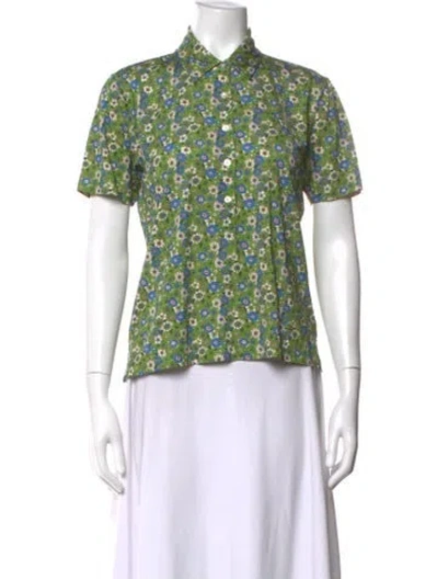 Pre-owned Tory Burch Floral Print Short Sleeve Button-up Top In Green
