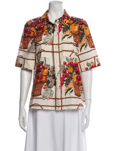 Pre-owned Tory Burch Floral Print Short Sleeve Button-up Top In White