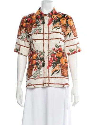 Pre-owned Tory Burch Floral Print Short Sleeve Button-up Top In White