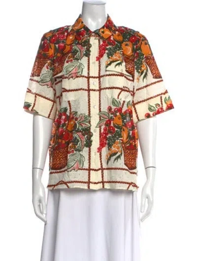 Pre-owned Tory Burch Floral Print Short Sleeve Button-up Top In White