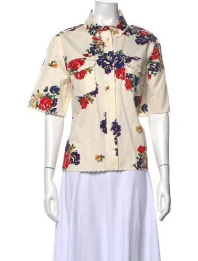Pre-owned Tory Burch Floral Print Short Sleeve Button-up Top In White