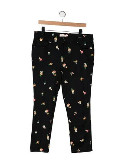 Pre-owned Tory Burch Floral Print Straight Leg Pants In Black