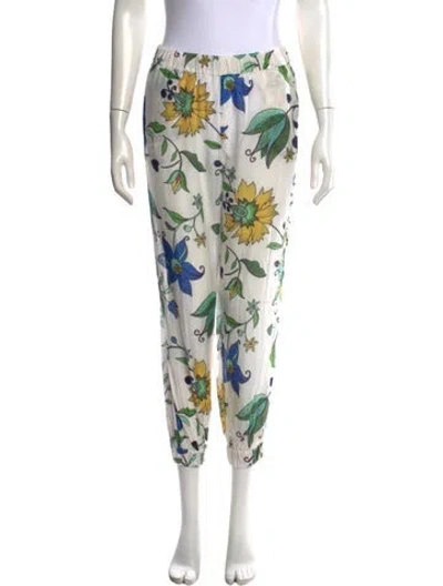 Pre-owned Tory Burch Floral Print Straight Leg Pants In White