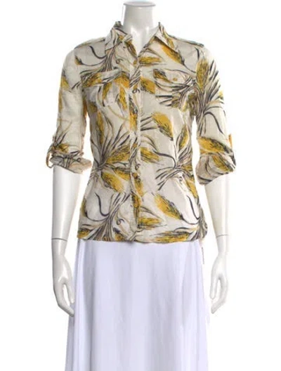 Pre-owned Tory Burch Floral Print Three-quarter Sleeve Button-up Top In Neutrals