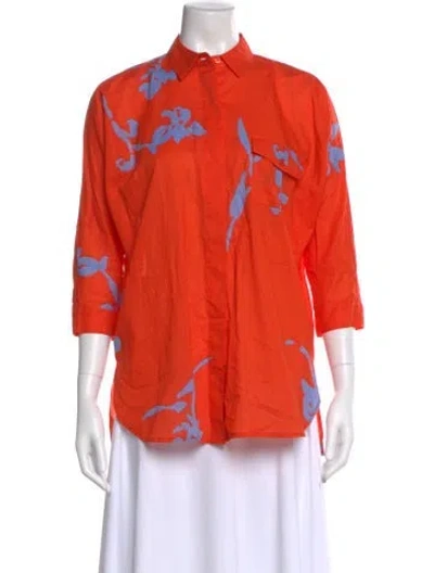 Pre-owned Tory Burch Floral Print Three-quarter Sleeve Button-up Top In Orange