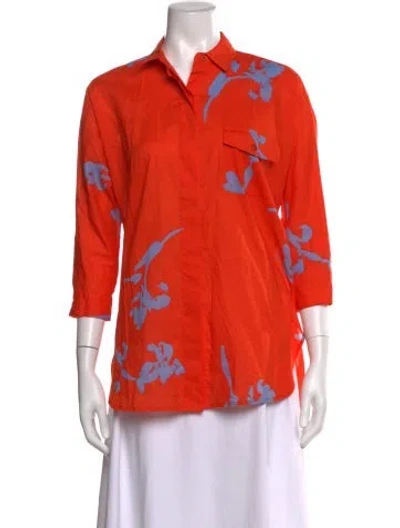 Pre-owned Tory Burch Floral Print Three-quarter Sleeve Button-up Top In Orange