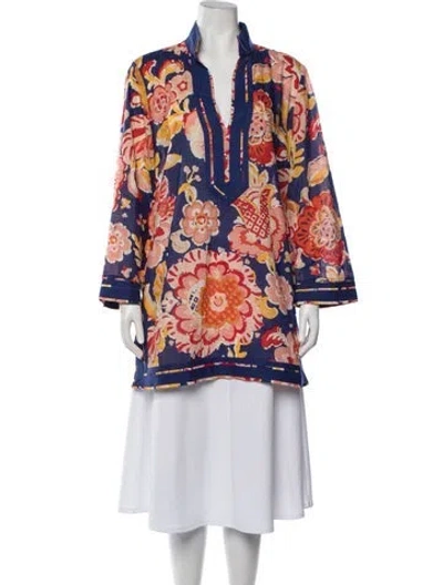 Pre-owned Tory Burch Floral Print Three-quarter Sleeve Tunic In Blue