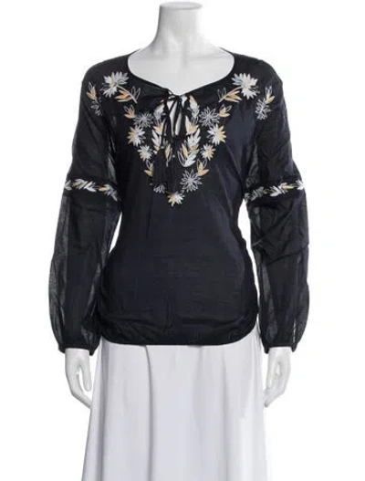 Pre-owned Tory Burch Floral Print Tie Neck Blouse In Black