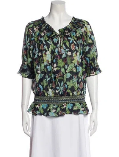 Pre-owned Tory Burch Floral Print Tie Neck Blouse In Blue