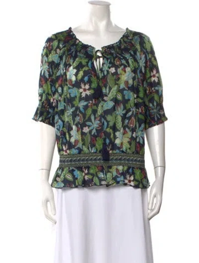 Pre-owned Tory Burch Floral Print Tie Neck Blouse In Blue