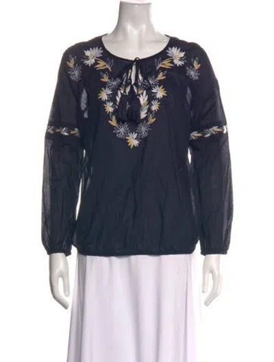 Pre-owned Tory Burch Floral Print Tie Neck Blouse In Blue