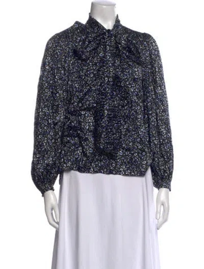 Pre-owned Tory Burch Floral Print Tie Neck Blouse In Blue