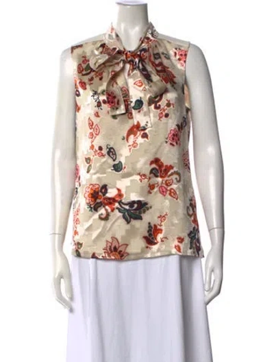Pre-owned Tory Burch Floral Print Tie Neck Blouse In Blue/neutrals